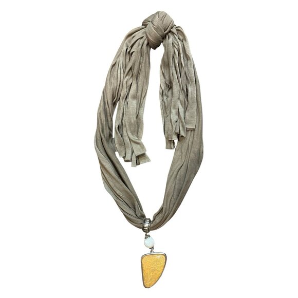 Scarf-Necklace-Women’s-Fashion-Jewelry-Statement-Pearl/Orange Pendant-Boho-Style - Picture 3 of 4